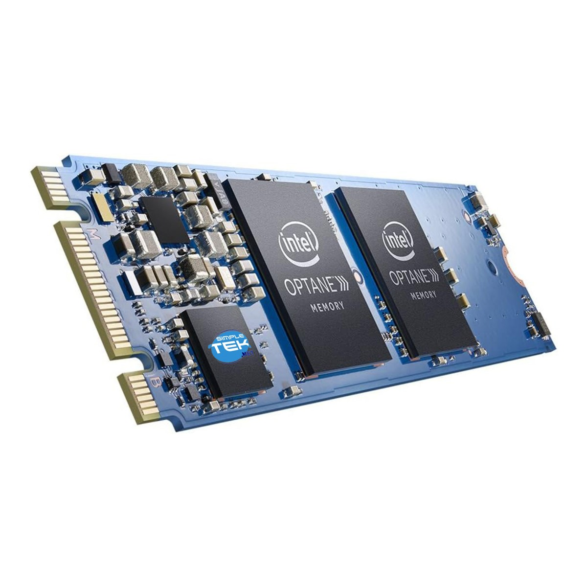 Un circuito stampato blu con chip di memoria Intel Optane e marchio Simple Tek. Componenti visibili.