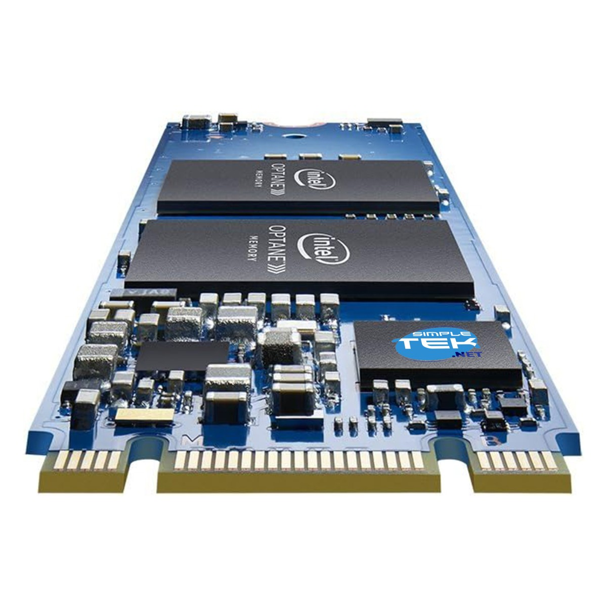 Un circuito stampato blu con chip di memoria Intel Optane e logo SimpleTek.