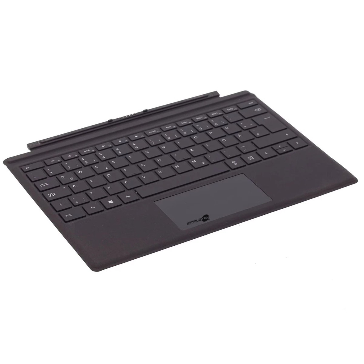 Eine schwarze Tastatur mit beschrifteten Tasten. Enthält ein Touchpad und eine Stifthalterung. Der Hintergrund ist weiß.