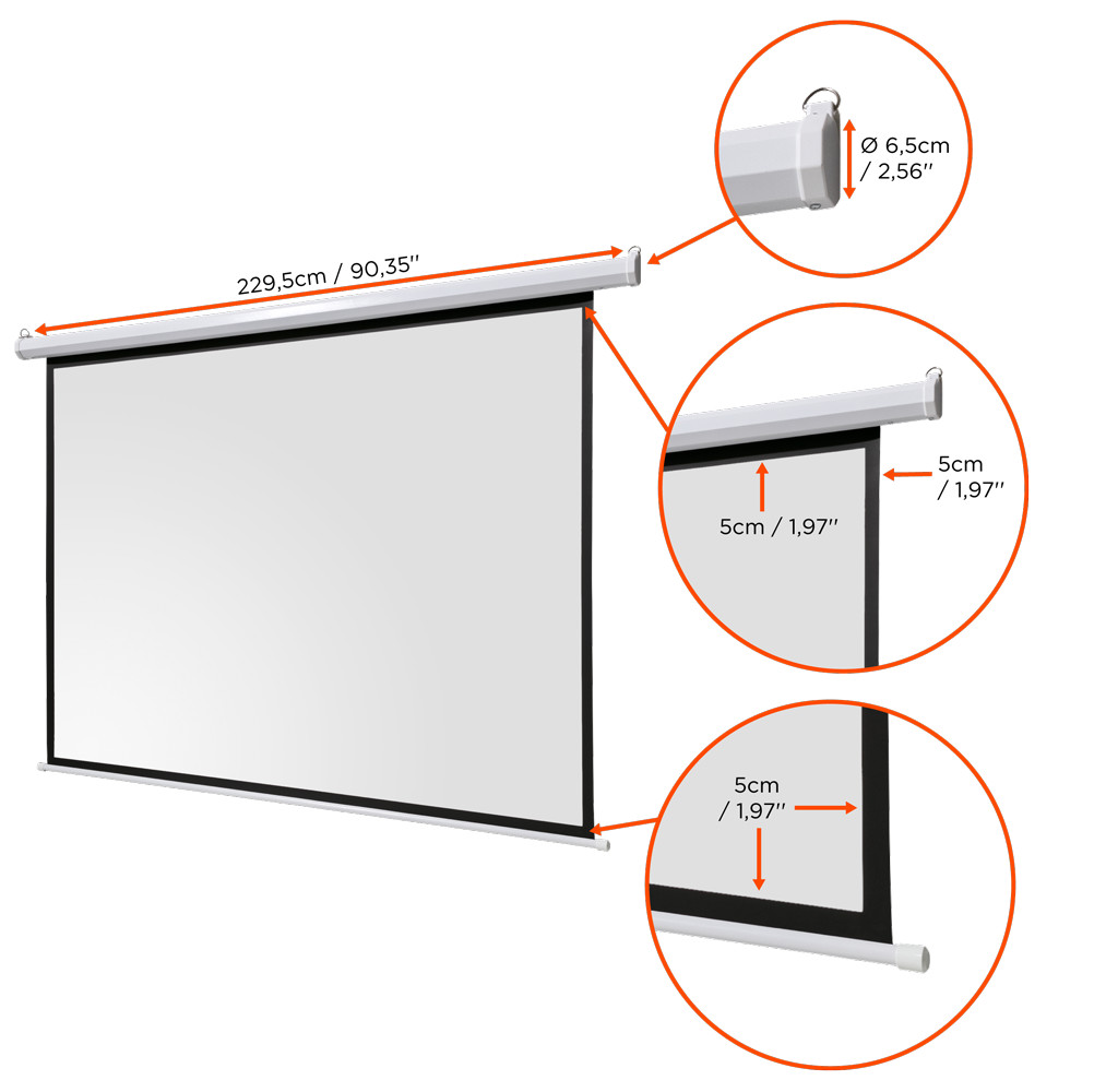Eine weiße Projektorleinwand mit schwarzen Rändern, Abmessungen sind angegeben. Detailansichten zeigen Messungen von Bildschirmteilen.