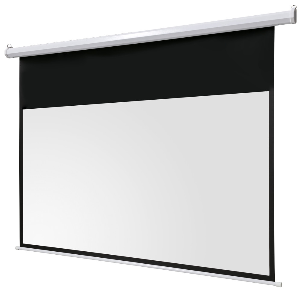 Eine weiße Projektionsleinwand hängt. Darüber befindet sich ein schwarzer Abschnitt und ein weißes Gehäuse. Der Bildschirm ist rechteckig und weiß.