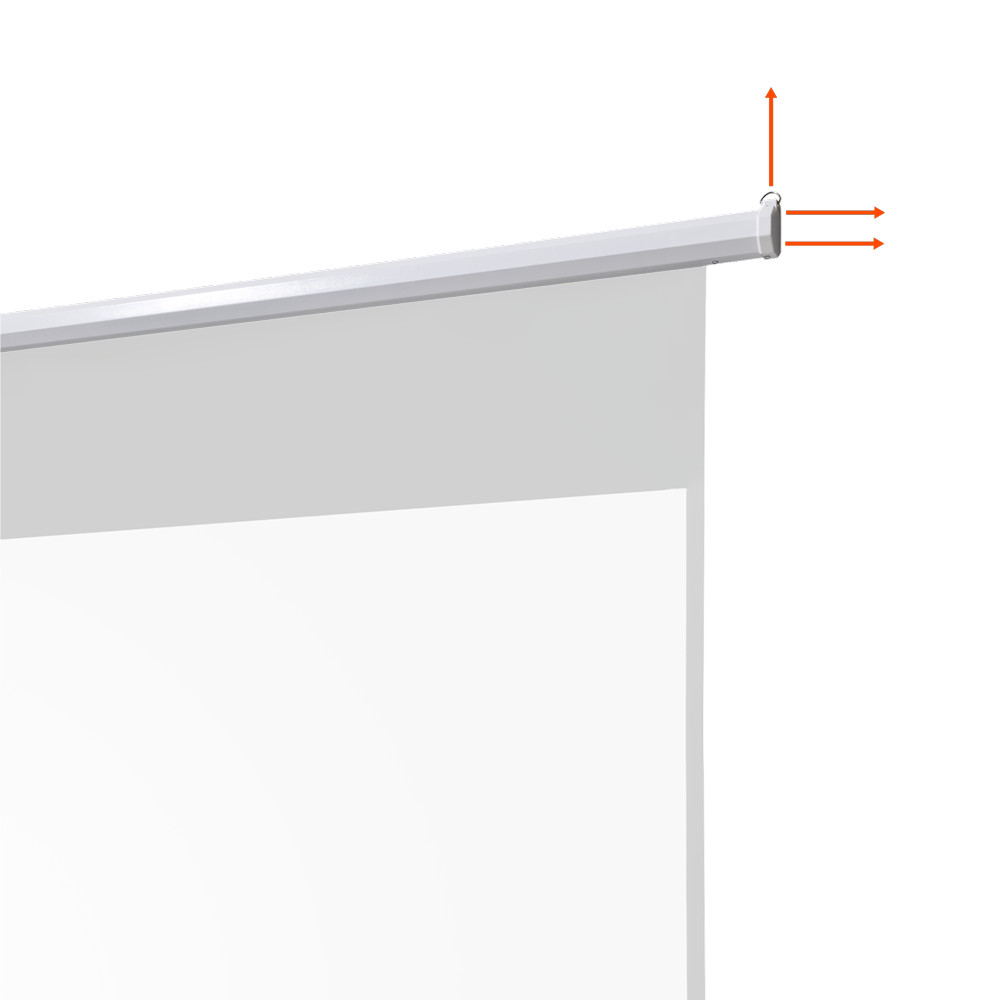 Eine weiße Projektionsleinwand, die teilweise ausgerollt ist. Der Mechanismus ist mit orangefarbenen Pfeilen sichtbar.