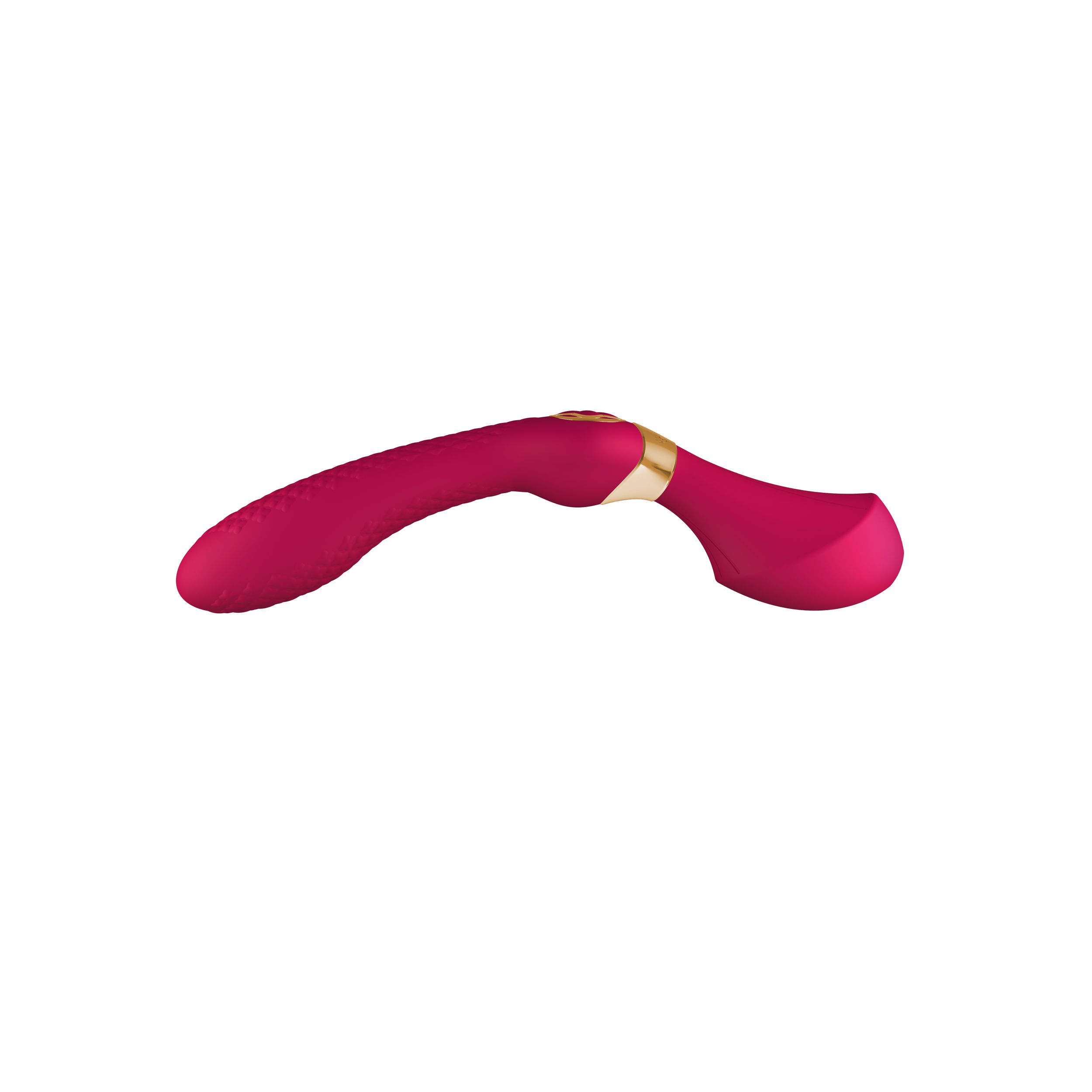 Ein pinkfarbener Vibrator mit goldenen Akzenten auf weißem Hintergrund. Er hat eine geschwungene Form mit rundem Ende.