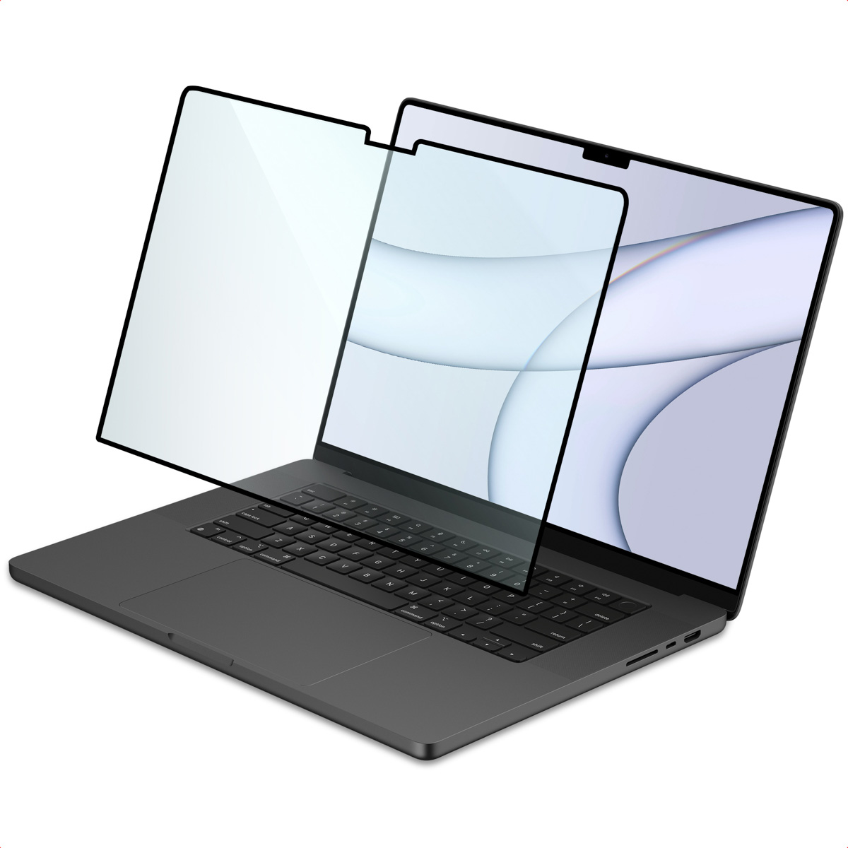 Een grijze laptop met een schermbeschermer wordt getoond. De schermbeschermer is gedeeltelijk opgetild, waardoor het laptopscherm zichtbaar wordt. De achtergrond is wit.