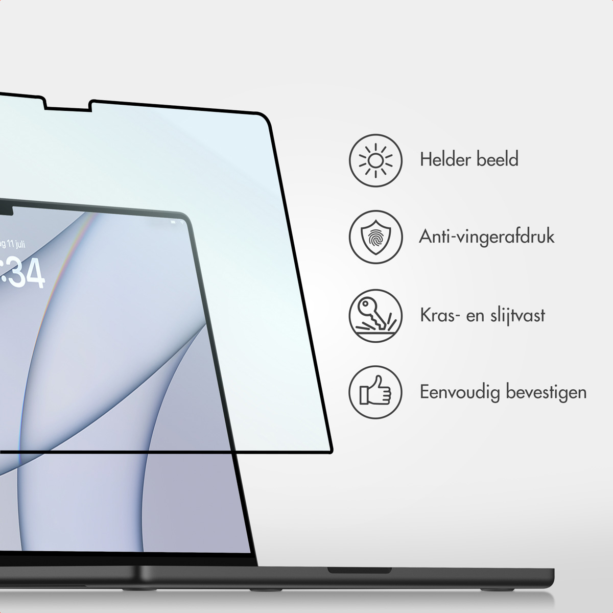 Laptop con protezione schermo. Caratteristiche: visione nitida, anti-impronta, antigraffio e facile installazione. Testo in olandese.