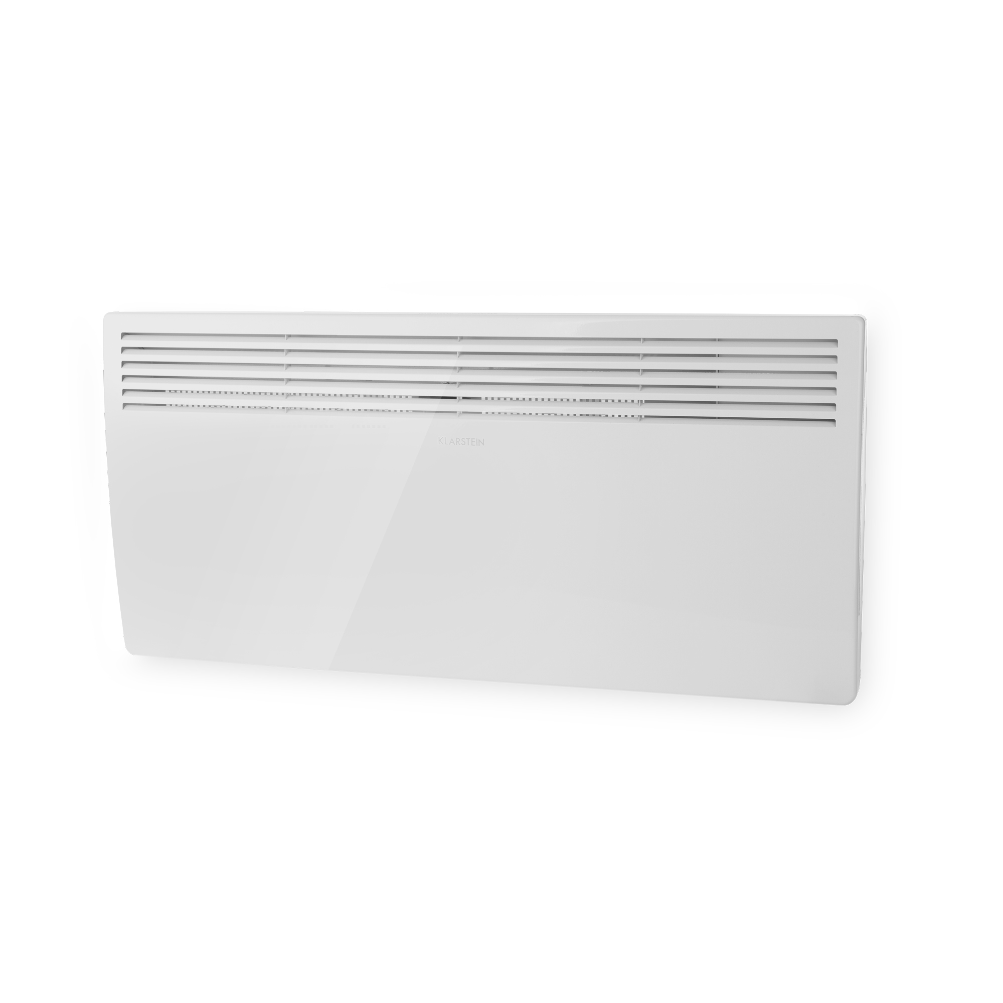 Un riscaldatore bianco a parete con fessure di ventilazione orizzontali. Il marchio 'Klarstein' è visibile.