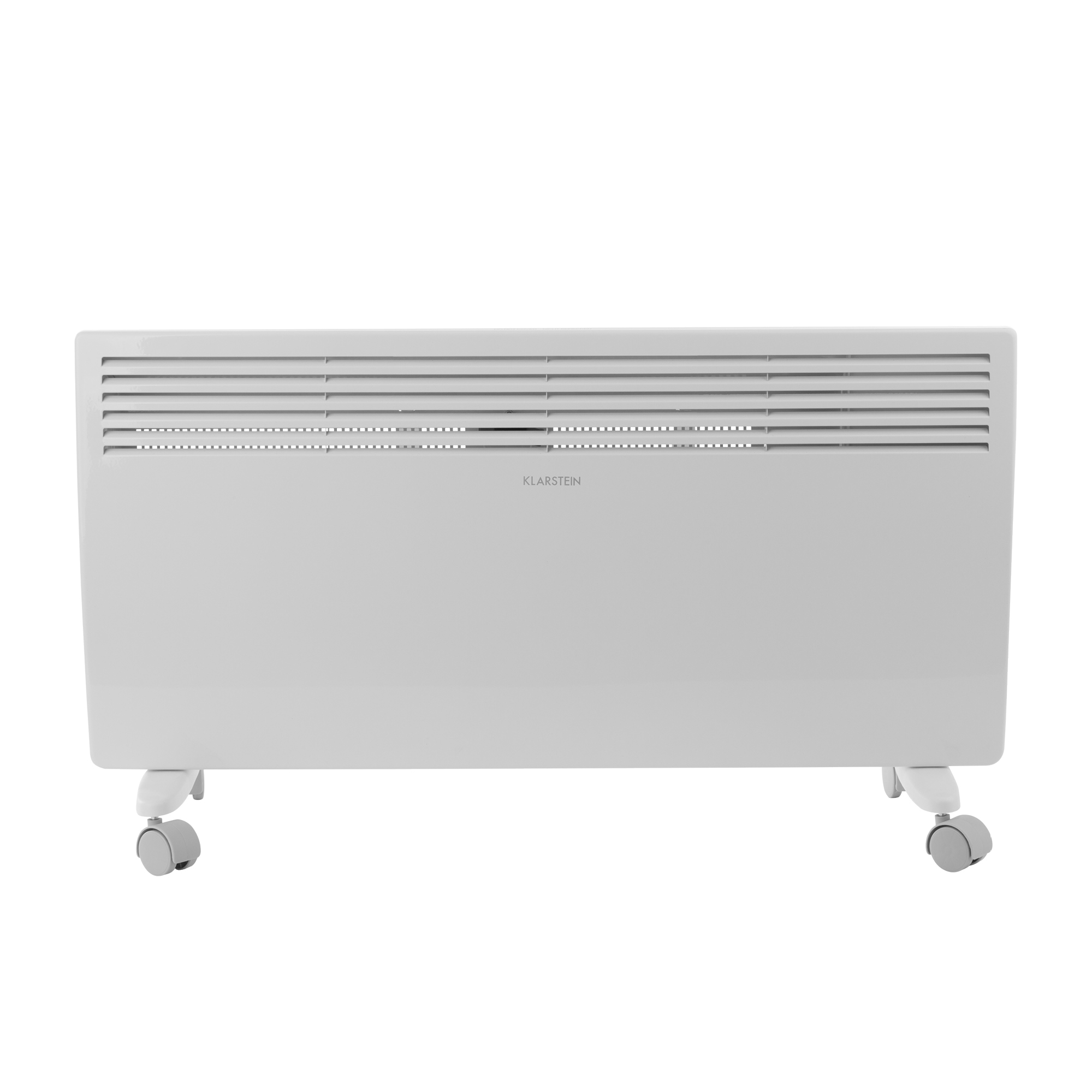 Un termoventilatore elettrico bianco Klarstein su piccole ruote. Ha fessure orizzontali in alto. Lo sfondo è bianco.
