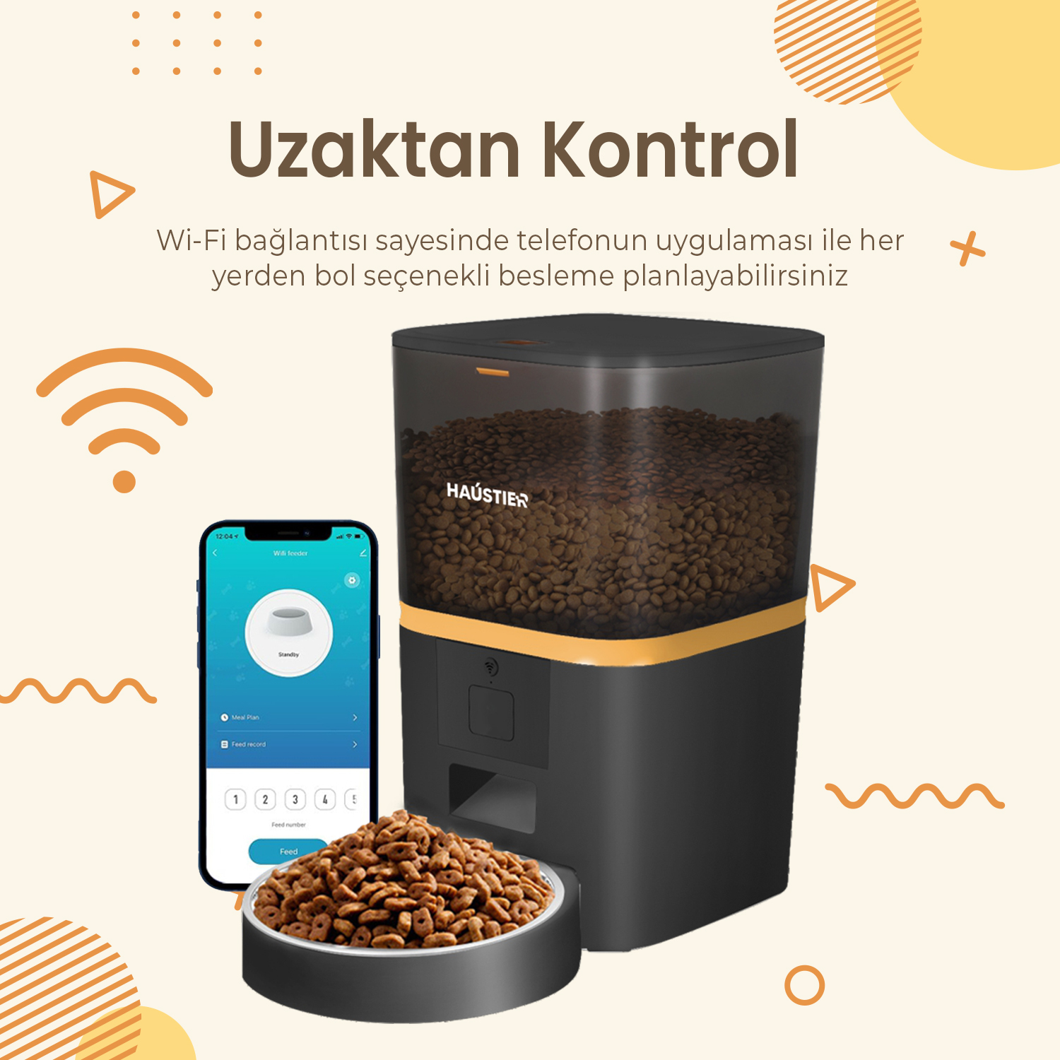 Mama planlaması gösteren bir akıllı telefon, dolu bir mama kabı ve mama kabı ile otomatik bir evcil hayvan besleyici.