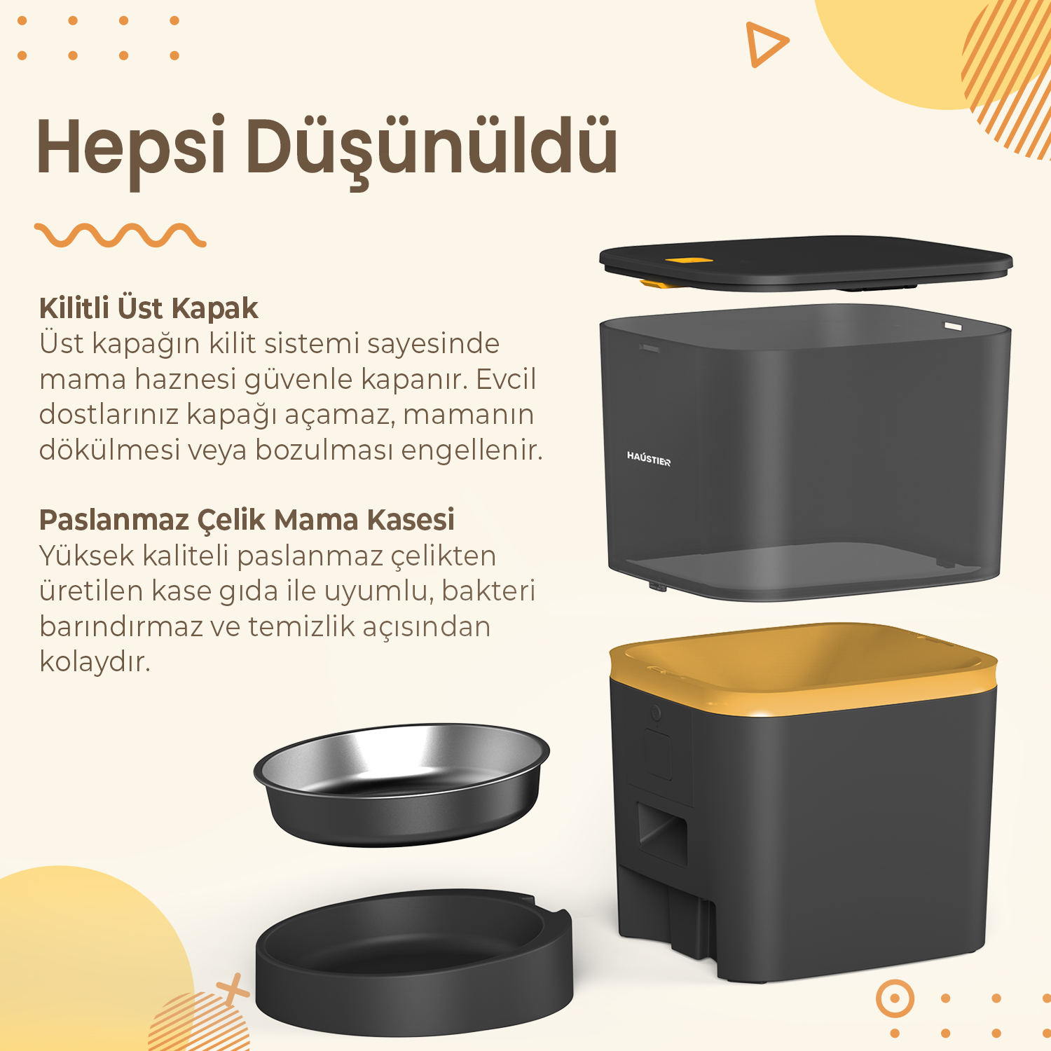 Siyah ve sarı bir evcil hayvan maması dağıtıcısının patlama görünümü. Üst kapak açıktır ve paslanmaz çelik bir kap görünür.