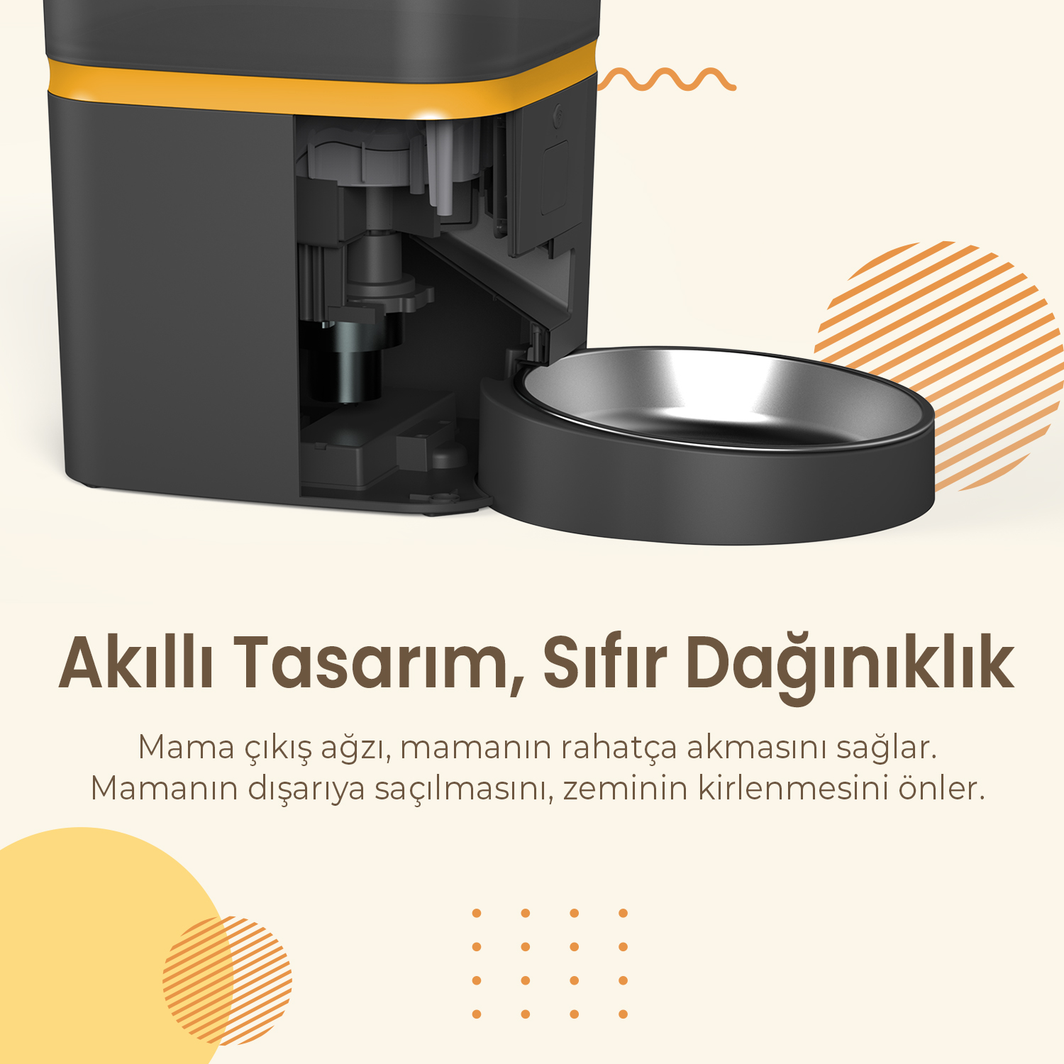 Çelik bir kaseye sahip siyah ve sarı bir evcil hayvan yemi dağıtıcısı. Metinde 'Akıllı Tasarım, Sıfır Dağınıklık' yazıyor.