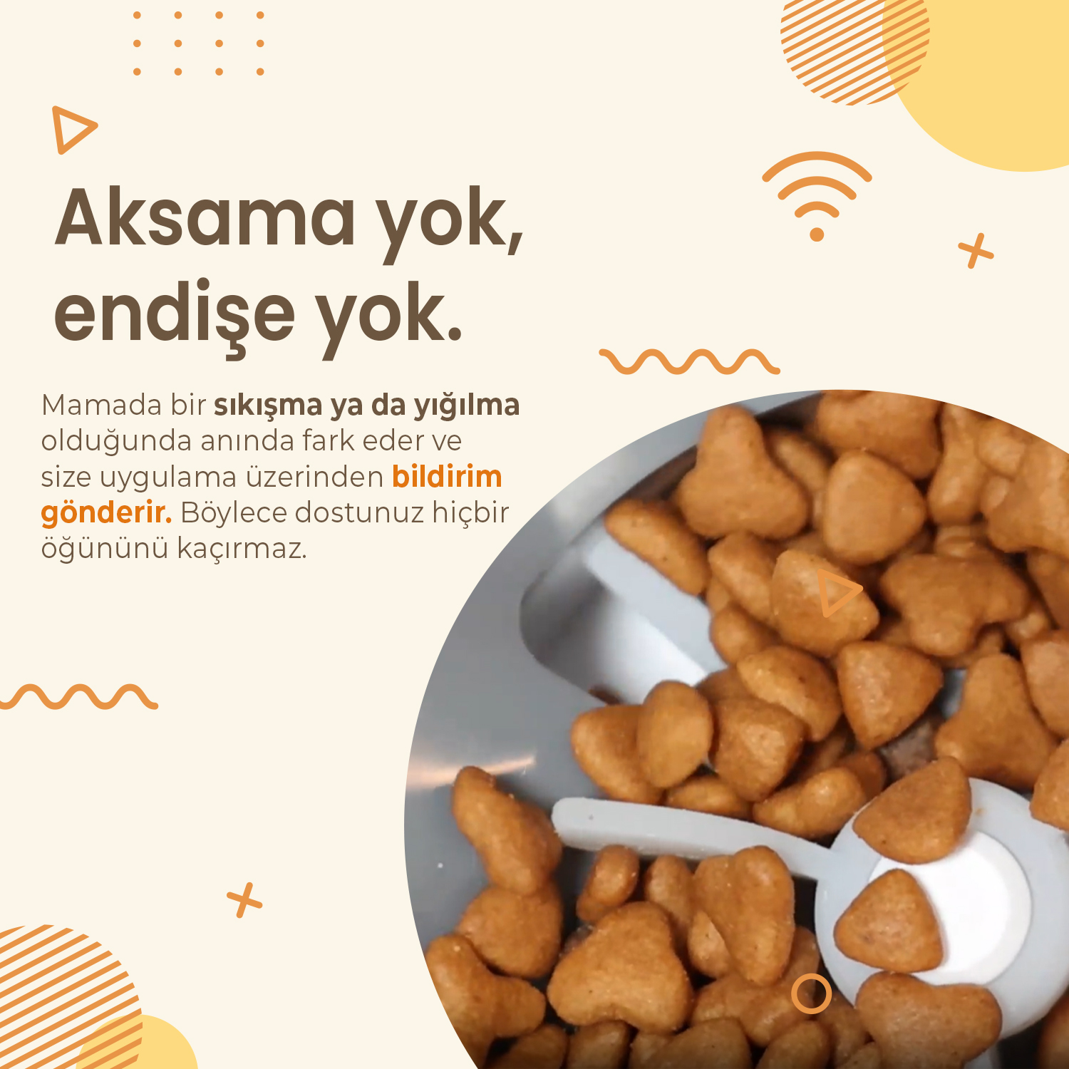 Görselde köpek maması var. Türkçe metin 'Gecikme yok, endişe yok' diyor. Turuncu şekiller ve bej bir zemin üzerinde metin var.