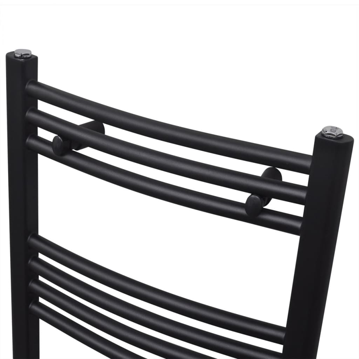 Nahaufnahme eines schwarzen Handtuchhalters mit mehreren horizontalen Stangen. Der Halter hat ein minimalistisches Design vor weißem Hintergrund.