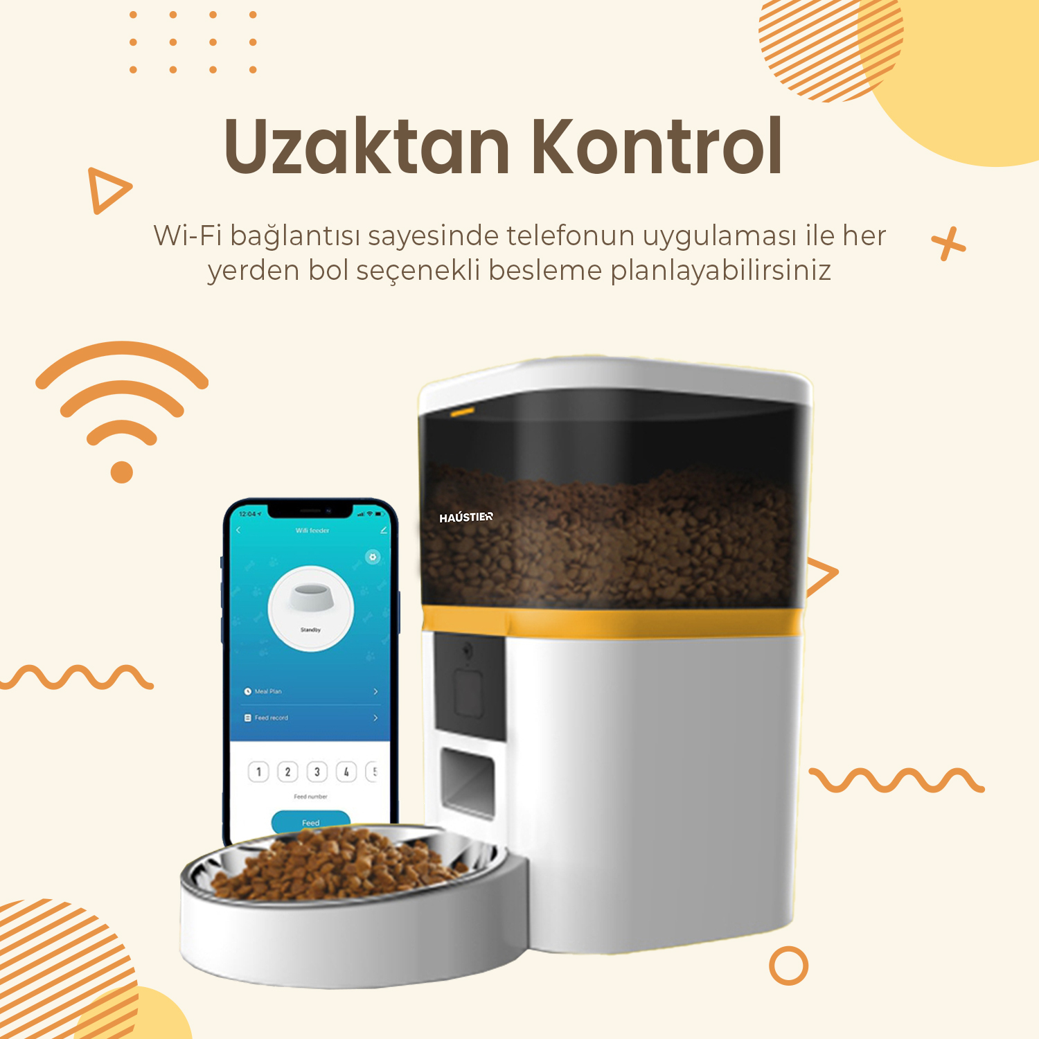 Bir akıllı telefonla otomatik bir evcil hayvan besleyici, uygulamayı ve bir kase yiyeceği gösteriyor. Cihaz beyaz ve sarı renkli.