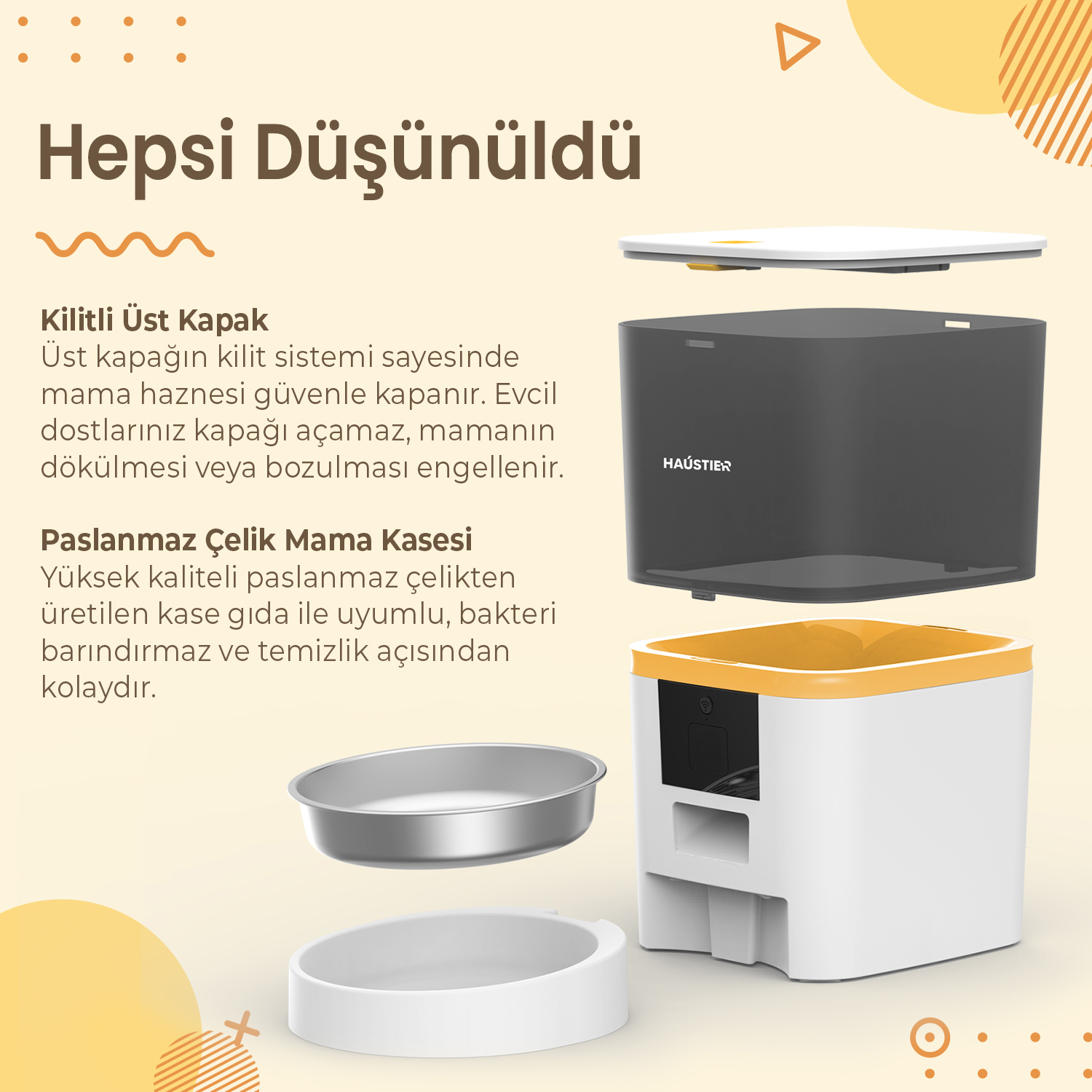 Kilitli kapaklı, paslanmaz çelik kaseli ve beyaz sarı tabanlı bir evcil hayvan mama kabının patlatılmış görünümü.