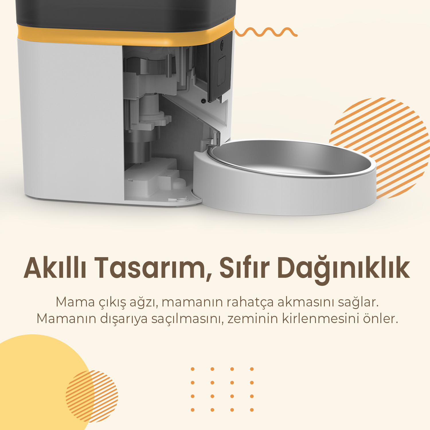 Gümüş kaseli beyaz ve siyah bir evcil hayvan besleyici. Metin: 'Akıllı Tasarım, Sıfır Dağınıklık'. Dökülmeleri ve zemin dağınıklığını önler.