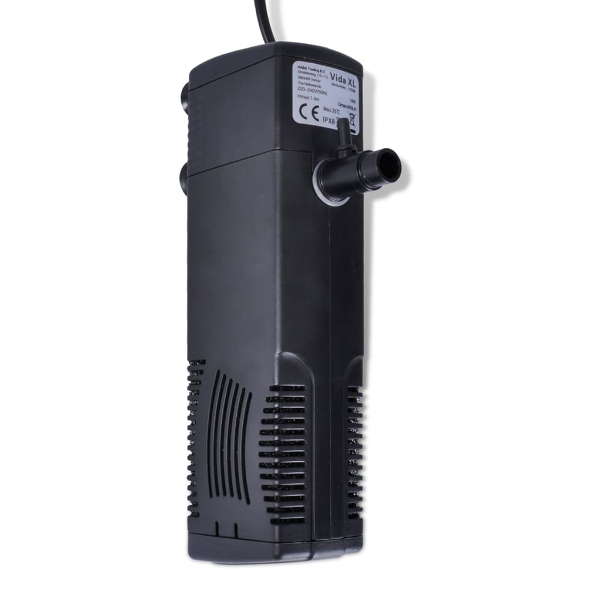 Schwarzer Vida XL Aquarienfilter. Er hat ein Netzkabel, einen zylindrischen Körper mit Lüftungsschlitzen und eine Düse. Weißer Hintergrund.