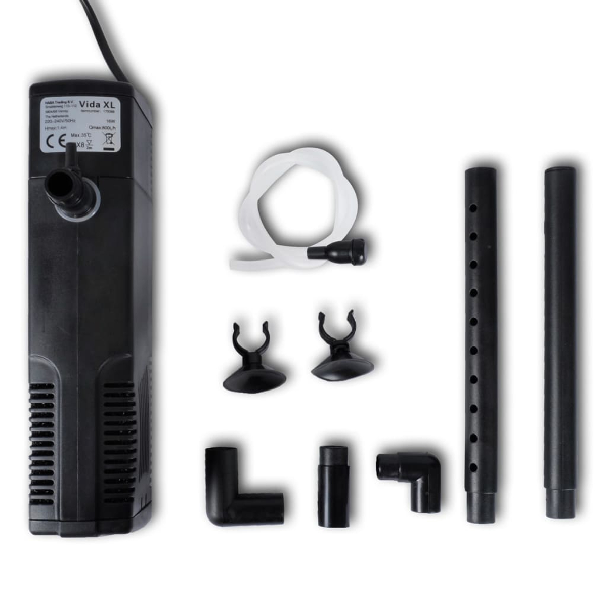Ein Aquarienfilter-Kit mit einem schwarzen Filter, einem weißen Schlauch, schwarzen Teilen und Saugnäpfen auf weißem Untergrund.