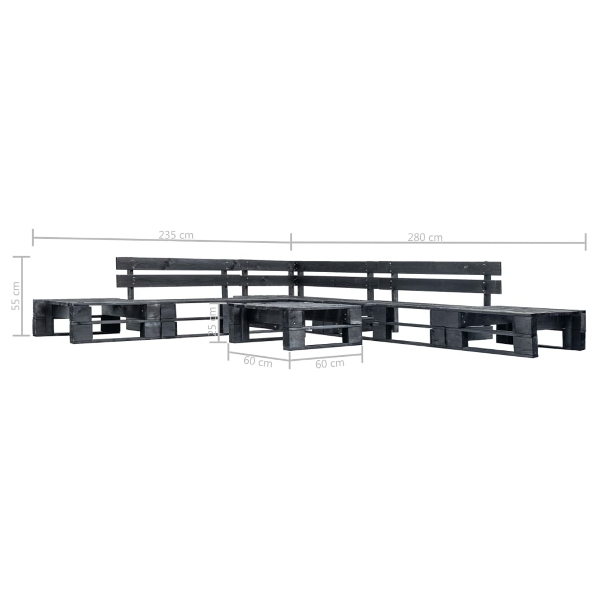 Schwarzes Palettenmöbel-Set aus Holz, bestehend aus Sofa und zwei Tischen, mit Maßangaben für jedes Teil.