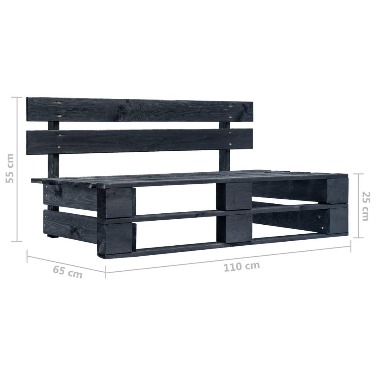 Eine schwarze Holzpalettenbank. Sie ist 110 cm lang, 65 cm breit und 55 cm hoch. Abmessungen werden mit Linien und Text angegeben.