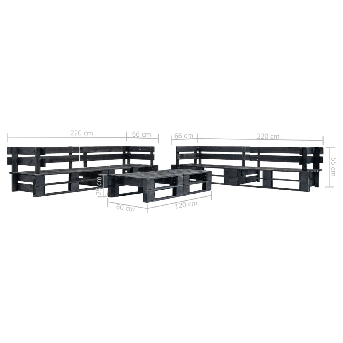 Schwarzes Paletten-Sofaset. Es besteht aus zwei Sofas und einem Couchtisch. Abmessungen sind angegeben.