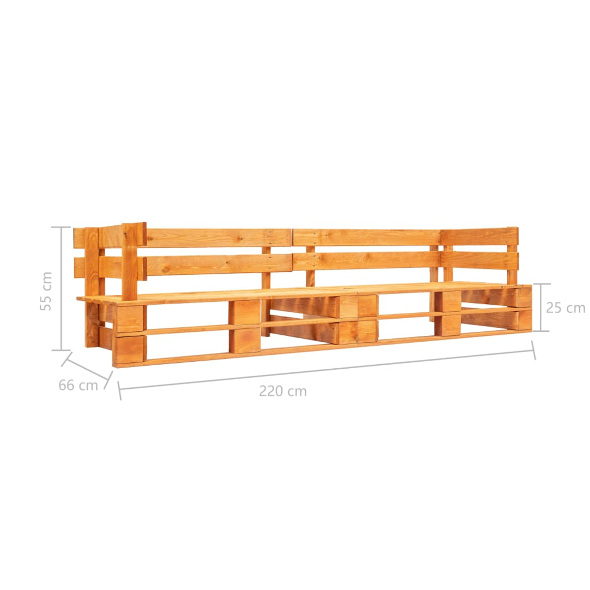 Holzpalettenbank mit beschrifteten Abmessungen. Sie ist 220 cm lang, 66 cm breit und 55 cm hoch. Die Sitzhöhe beträgt 25 cm.