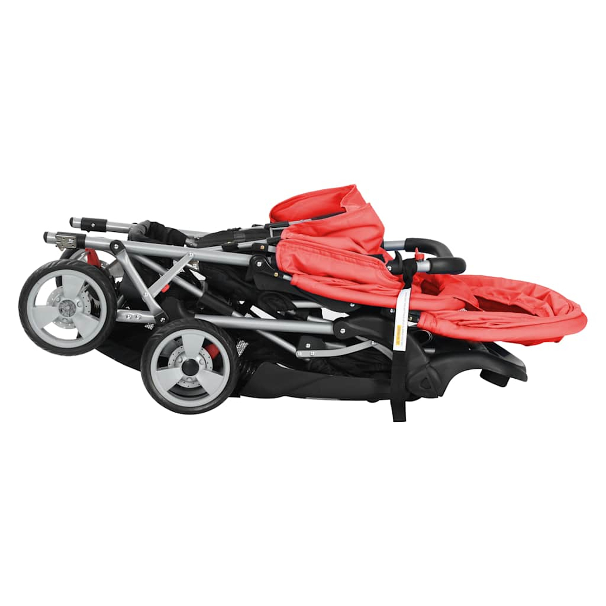 Zusammengeklappter roter und schwarzer Kinderwagen, Seitenansicht. Silberner Rahmen, große Räder und rotes Verdeck.