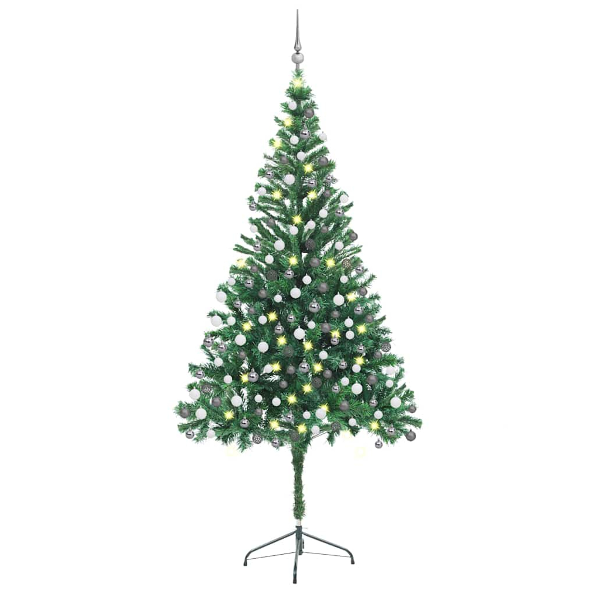 Ein geschmückter Weihnachtsbaum mit weißen und silbernen Ornamenten. Er hat Lichter und einen Stern oben, der auf einem Metallständer steht.