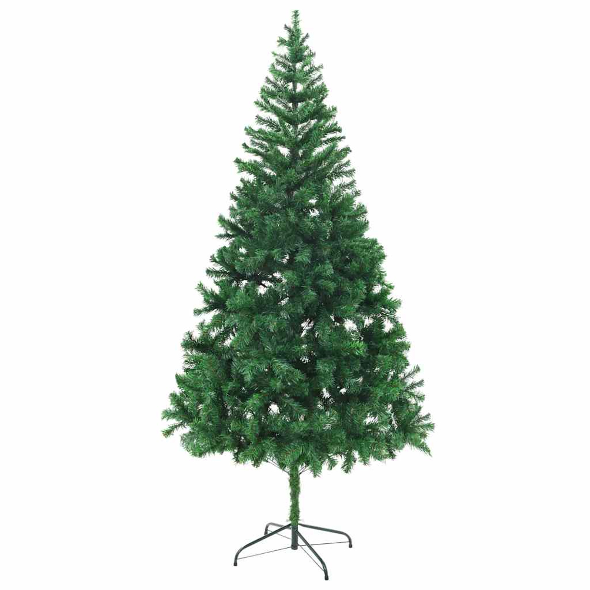 Ein grüner künstlicher Weihnachtsbaum auf weißem Hintergrund. Er hat einen Metallständer. Der Baum ist hoch und konisch.