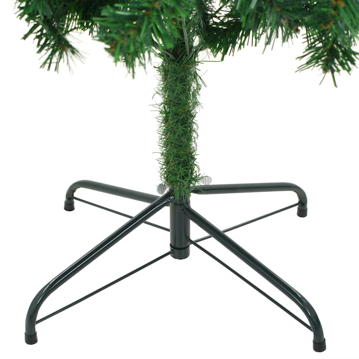 Ein grüner Weihnachtsbaumfuß mit Metallständer. Der Baumstamm ist grün umwickelt. Der Ständer hat vier Beine.