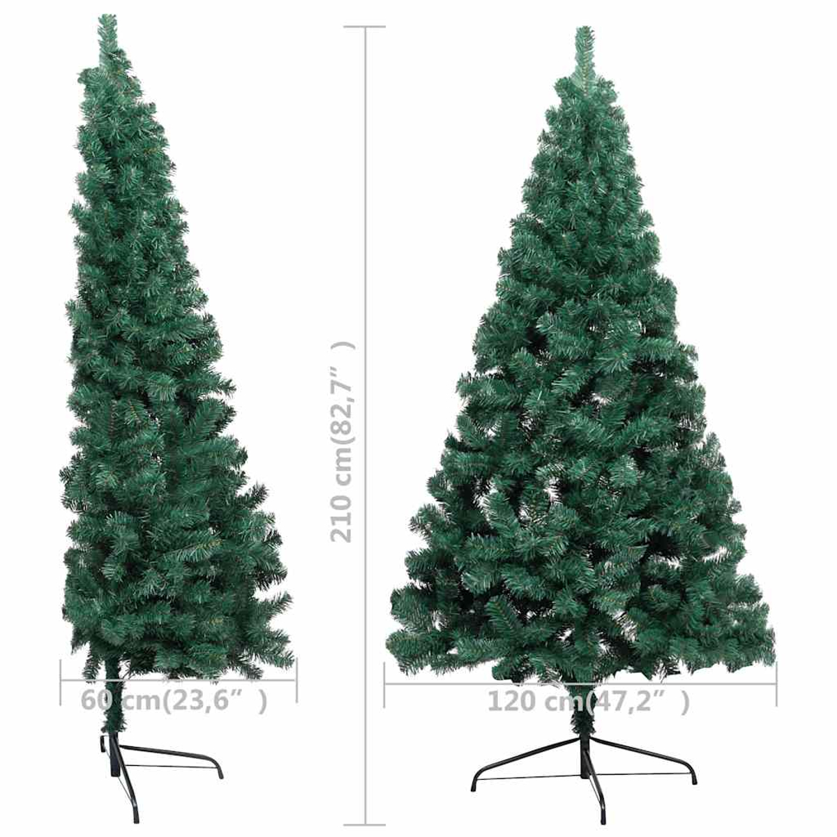 Zwei künstliche grüne Weihnachtsbäume werden gezeigt. Einer ist schmaler, der andere breiter. Maße für Höhe und Breite sind angegeben.