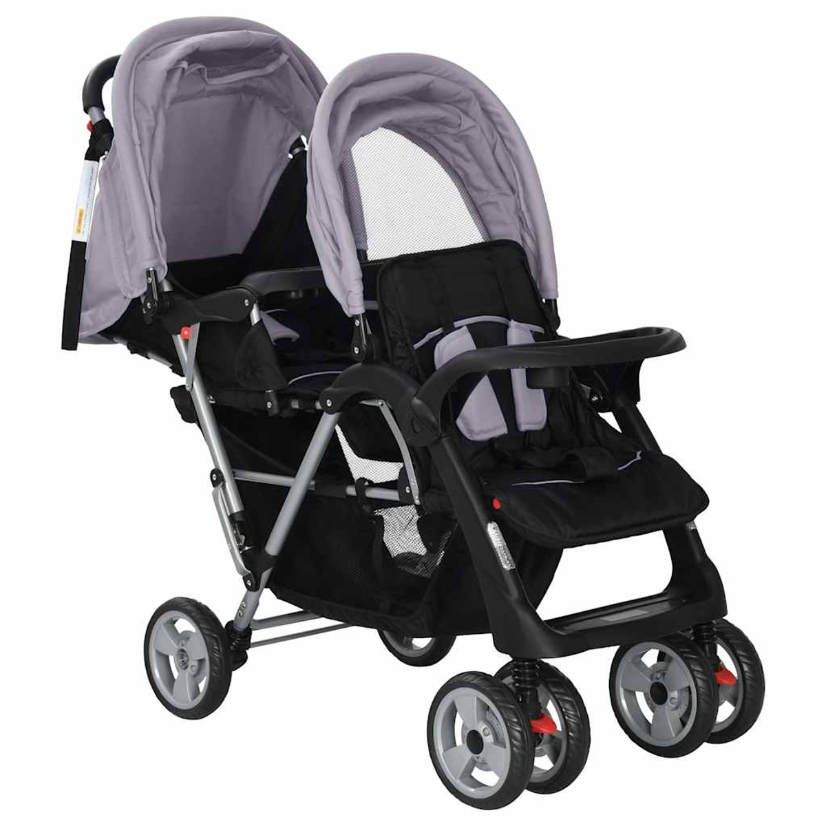 Ein Doppelkinderwagen mit grauen Verdecken, schwarzen Sitzen und Rahmen sowie vier Radpaaren.