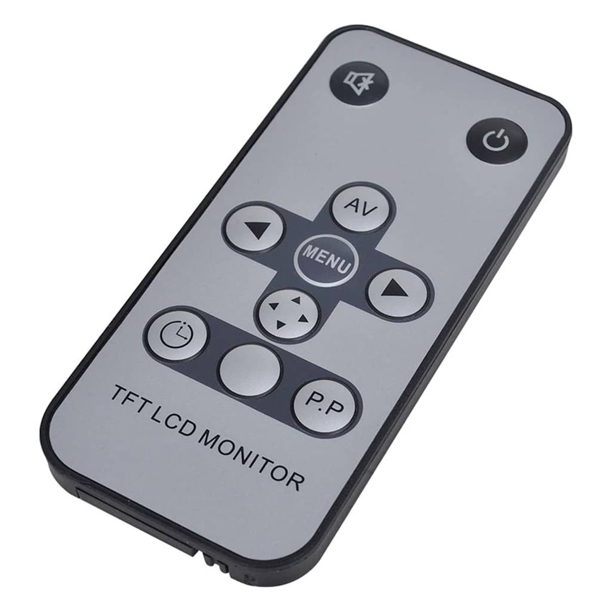 Graue Fernbedienung für einen TFT-LCD-Monitor. Sie hat Tasten für Ein/Aus, Lautstärke, Menü und Navigation. Der Text 'TFT LCD MONITOR' ist sichtbar.