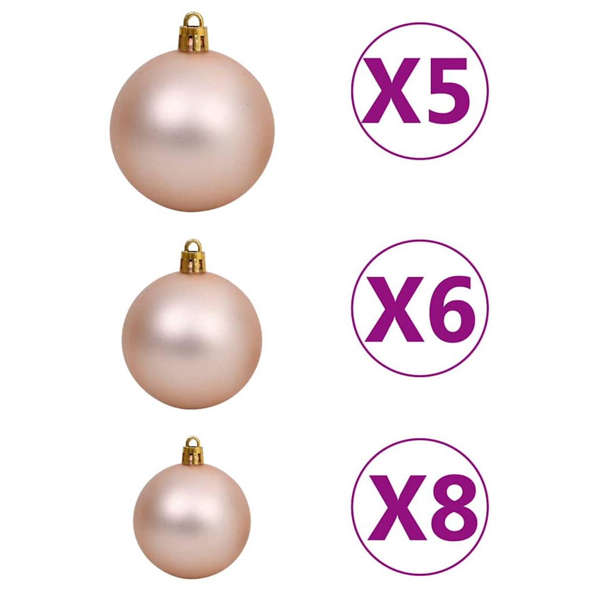 Drei rosa Weihnachtskugeln mit goldenen Kappen. Die Zahlen X5, X6 und X8 sind in lila Kreisen daneben.