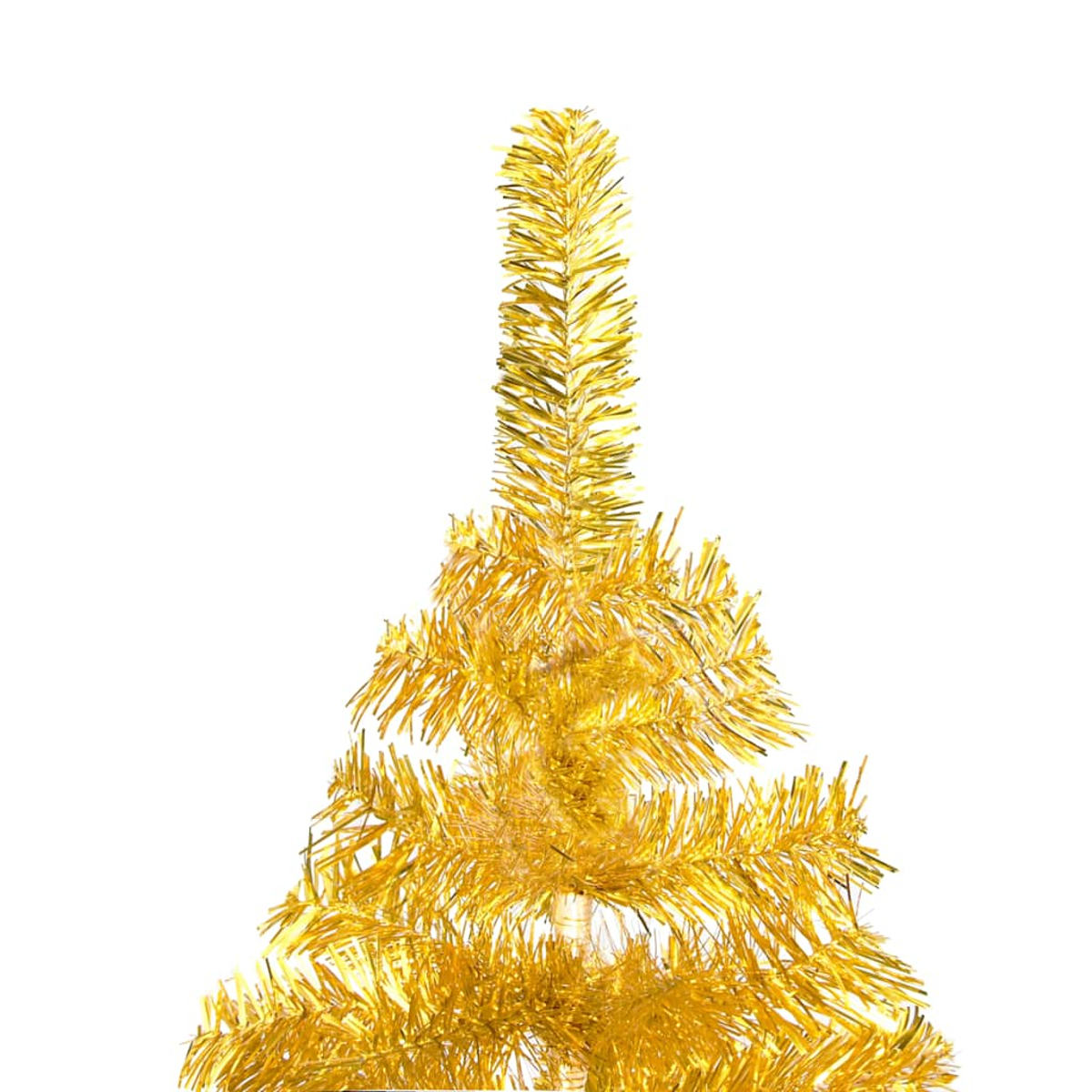 Ein goldener Lametta-Weihnachtsbaum. Der Baum ist zentriert und vor einem weißen Hintergrund platziert.