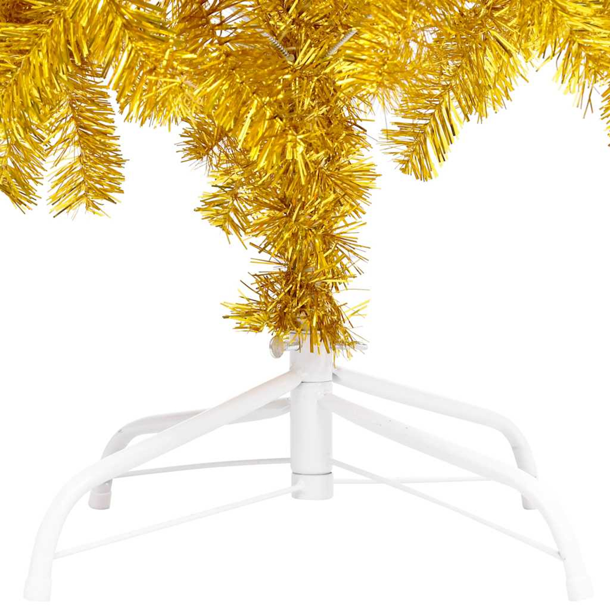 Ein goldener Lametta-Weihnachtsbaum mit weißem Ständer. Der Baum ist mit goldenem Lametta geschmückt. Der Ständer ist weiß.