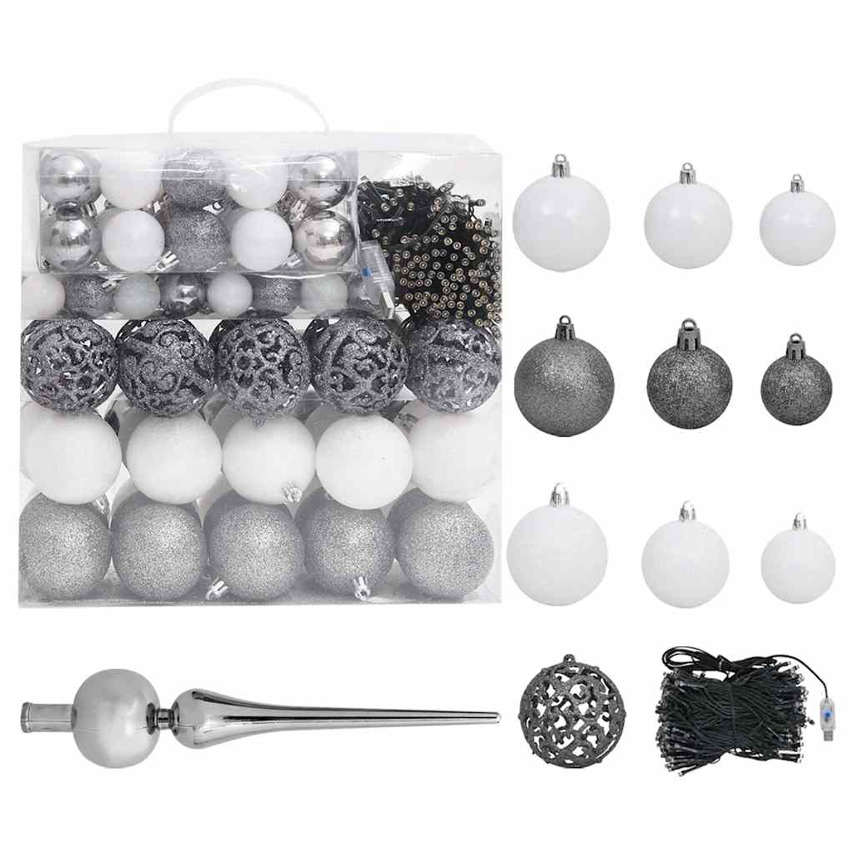 Weihnachtsschmuck-Set: weiße, silberne und graue Kugeln, Baumspitze, Lichter und Zierkugel in einer transparenten Box.