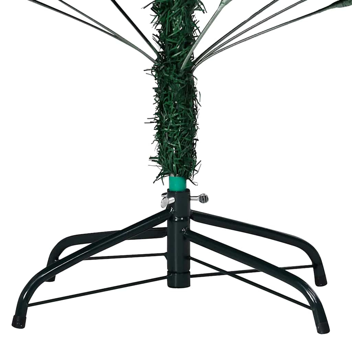 Ein grüner Weihnachtsbaumständer mit Metallfuß und Ästen. Der Stamm ist grün umwickelt. Weißer Hintergrund.