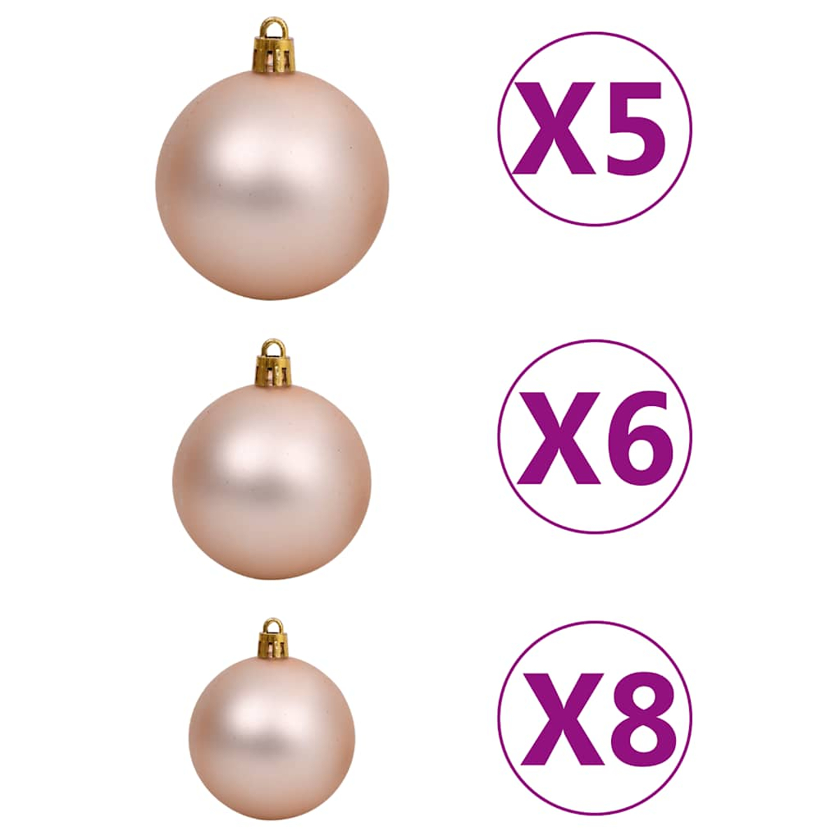 Drei rosa Weihnachtskugeln mit goldenen Aufsätzen. Rechts befinden sich drei lila Kreise mit den Zahlen X5, X6 und X8.