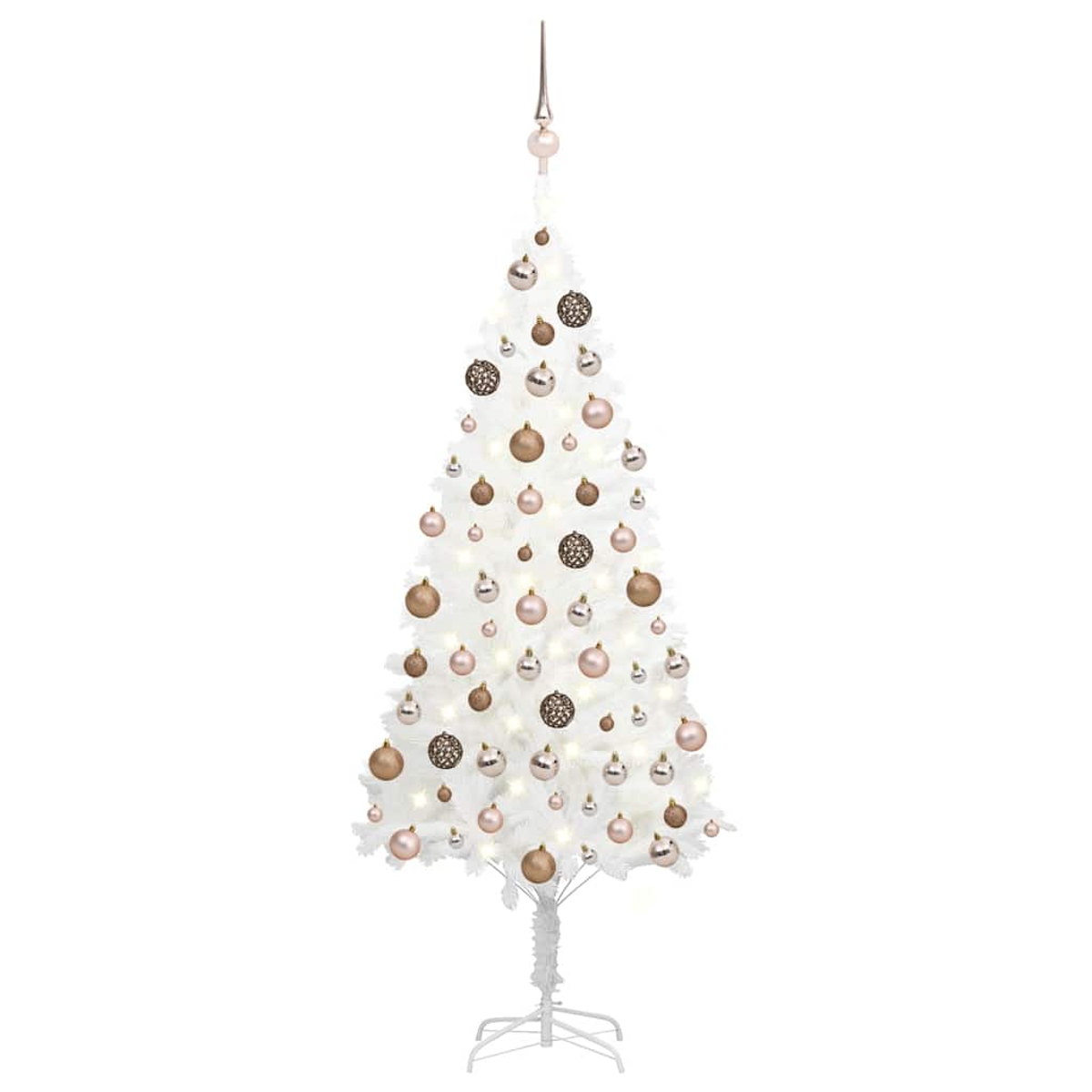 Ein weißer Weihnachtsbaum, der mit goldenen, silbernen und rosa Ornamenten und Lichtern geschmückt ist, vor weißem Hintergrund.