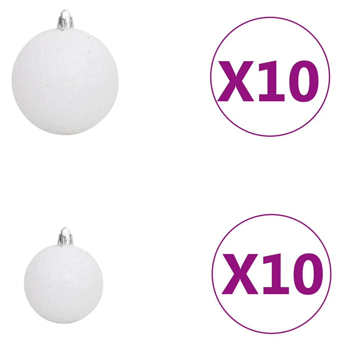 Zwei weiße Weihnachtskugeln und zwei Kreise mit X10 in Lila auf weißem Hintergrund.