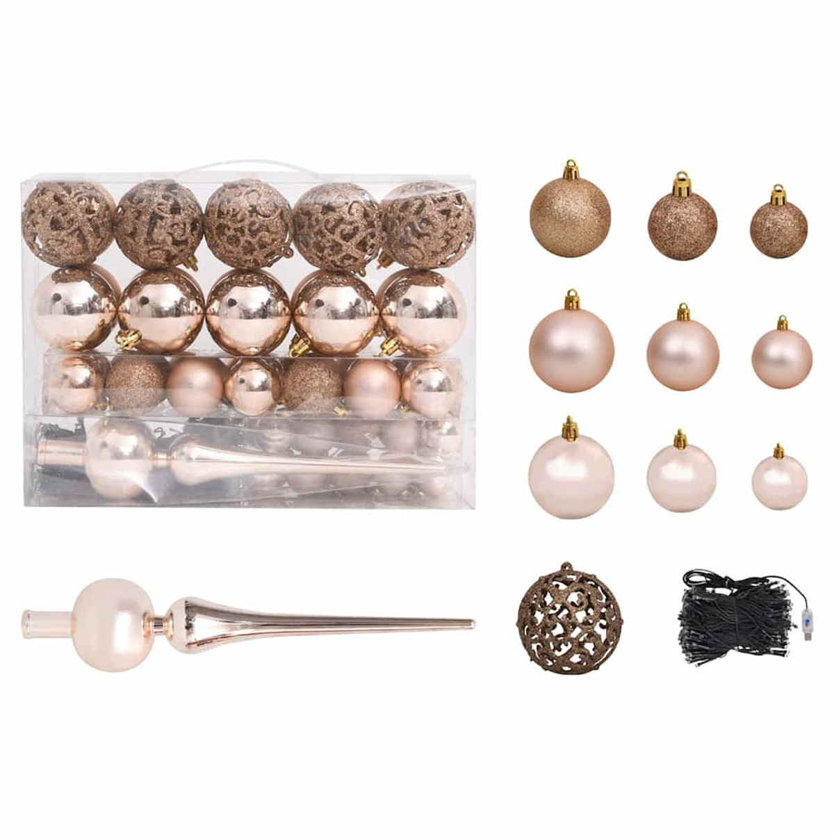 Eine Sammlung von Weihnachtsschmuck in verschiedenen Größen und Ausführungen, darunter Glitzer, matt und gemustert. Ein Baumschmuck und Lichter sind ebenfalls vorhanden.
