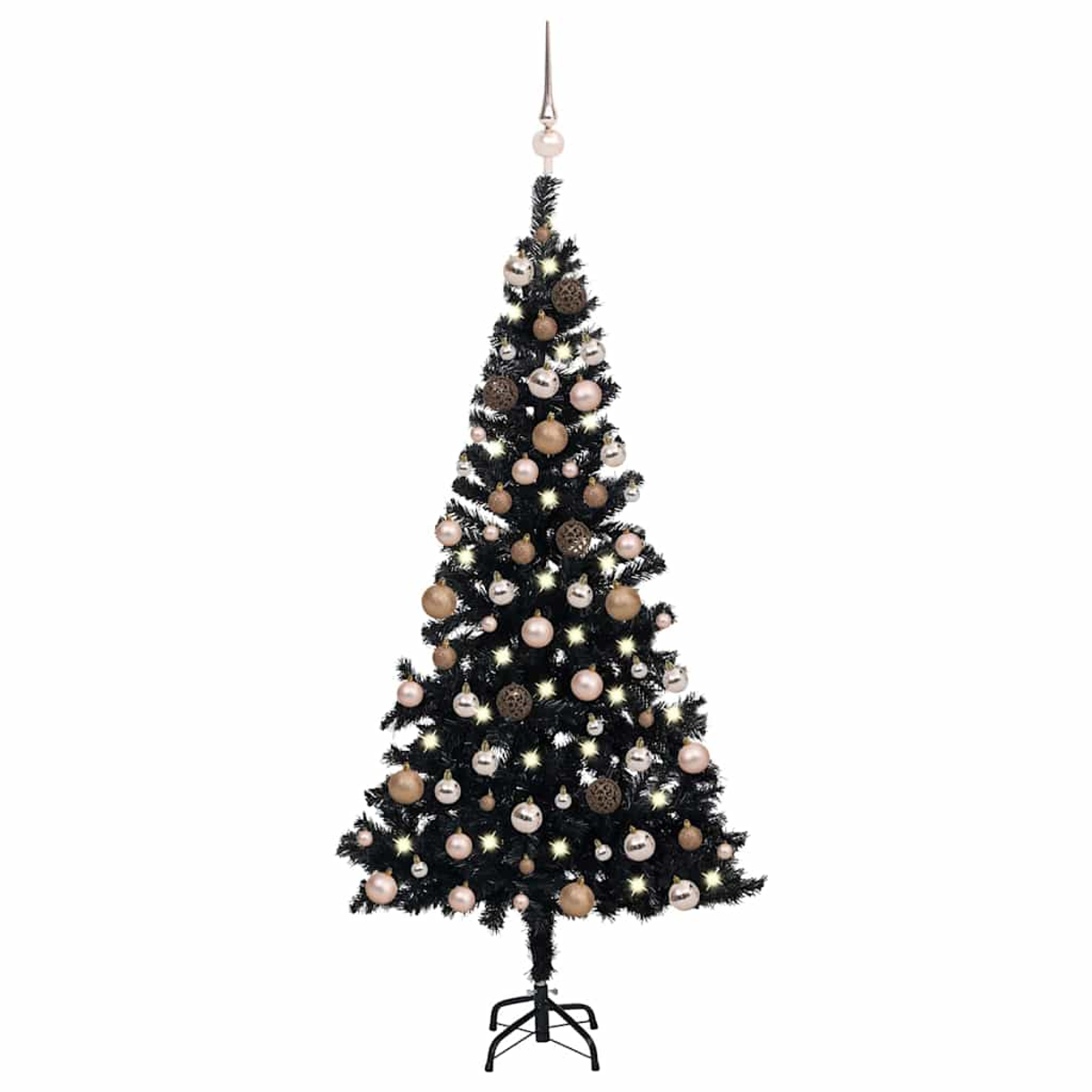 Ein schwarzer Weihnachtsbaum mit Ornamenten und Lichtern. Die Ornamente sind rosa, gold und silber. Oben befindet sich ein Stern.
