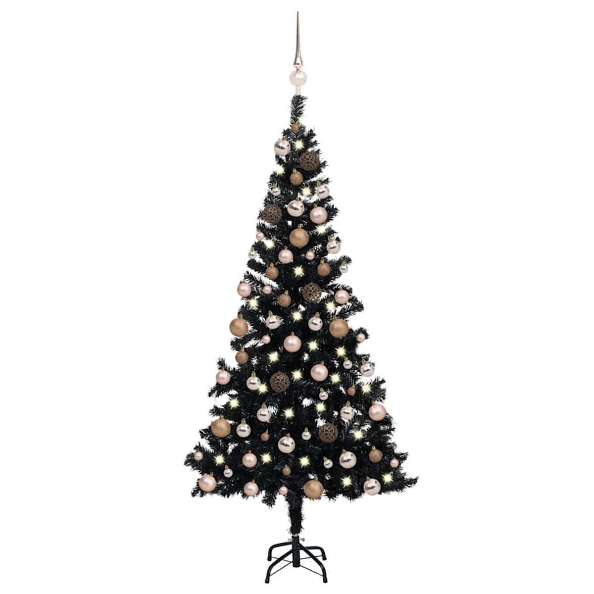 Ein schwarzer Weihnachtsbaum mit Ornamenten. Rosa-, Gold- und Silberkugeln sind über die Äste verteilt, mit Lichtern und einer Sternspitze.