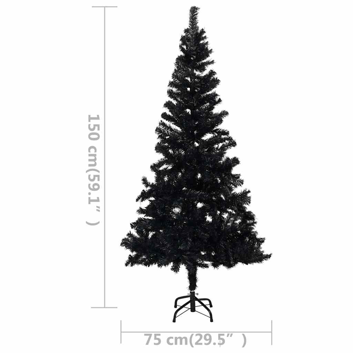 Ein schwarzer künstlicher Weihnachtsbaum, 150 cm hoch und 75 cm breit an der Basis, steht vor weißem Hintergrund.
