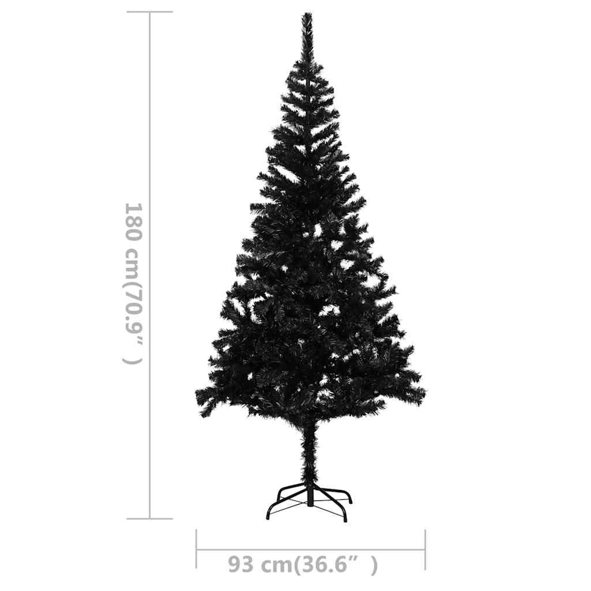 Schwarzer künstlicher Weihnachtsbaum auf weißem Hintergrund. Maße: 180 cm hoch und 93 cm breit.