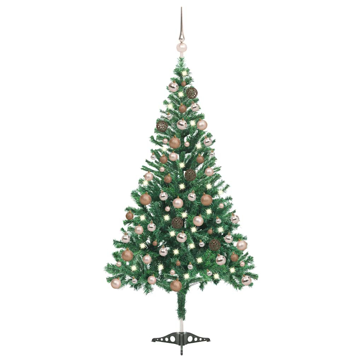 Ein geschmückter Weihnachtsbaum mit Lichtern und Ornamenten. Er hat einen Stern auf der Spitze und steht auf einem Ständer. Der Hintergrund ist weiß.