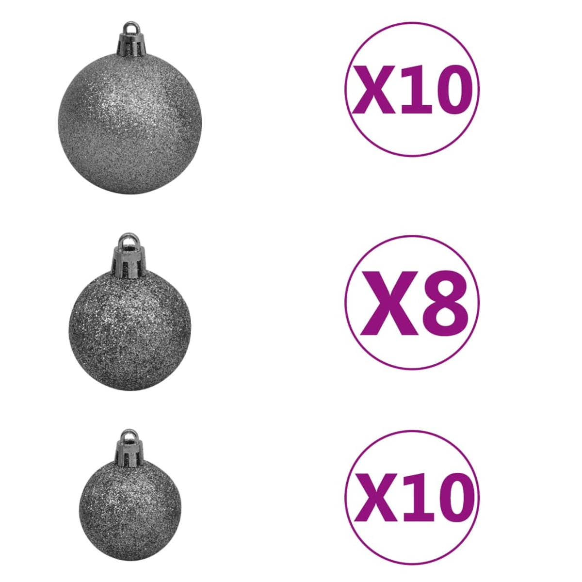 Drei silberne Weihnachtskugeln mit Glitzer. Text in Kreisen zeigt Mengen: X10, X8 und X10.