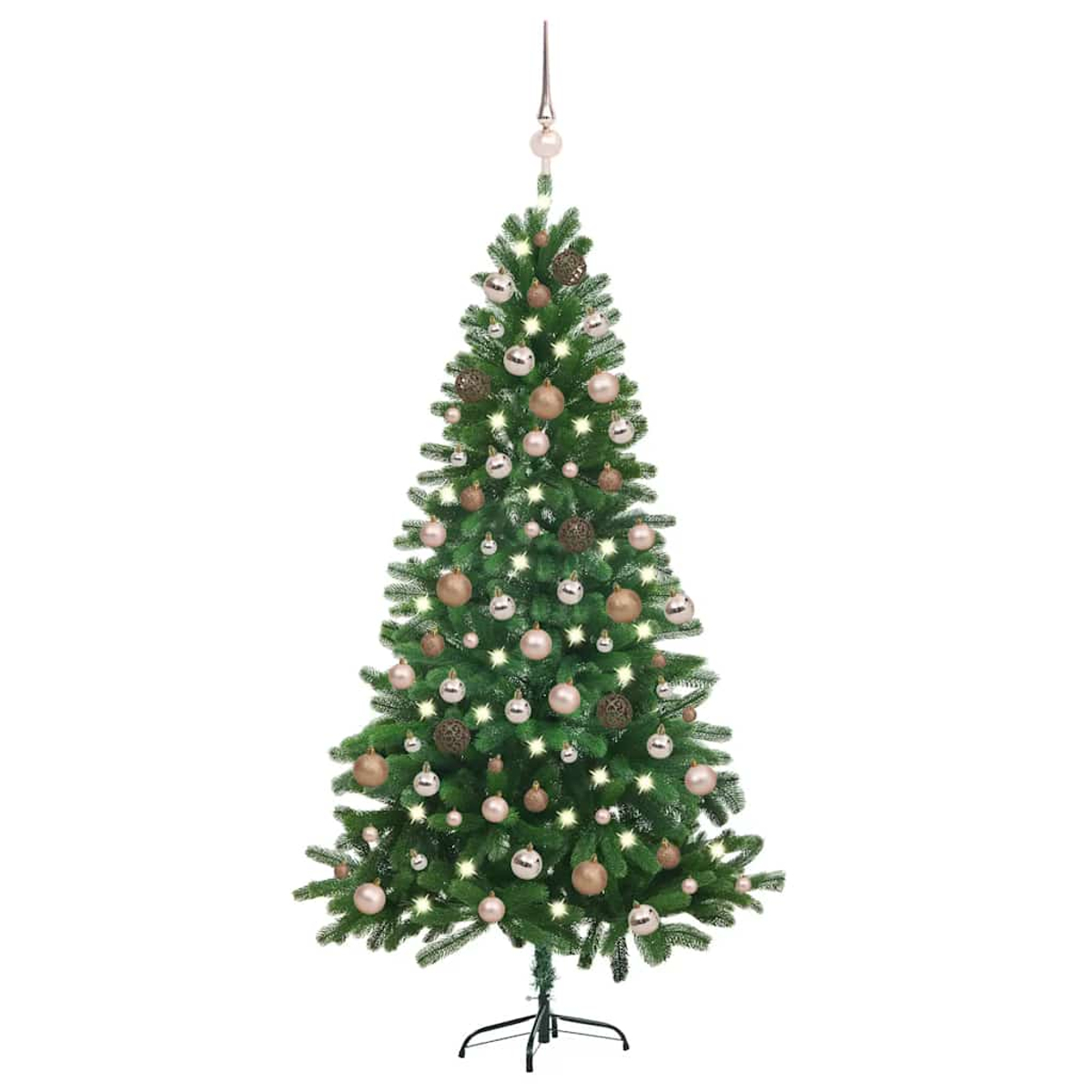 Ein dekorierter Weihnachtsbaum steht vor weißem Hintergrund. Er hat Ornamente in Gold, Silber und Braun und einen Stern oben.