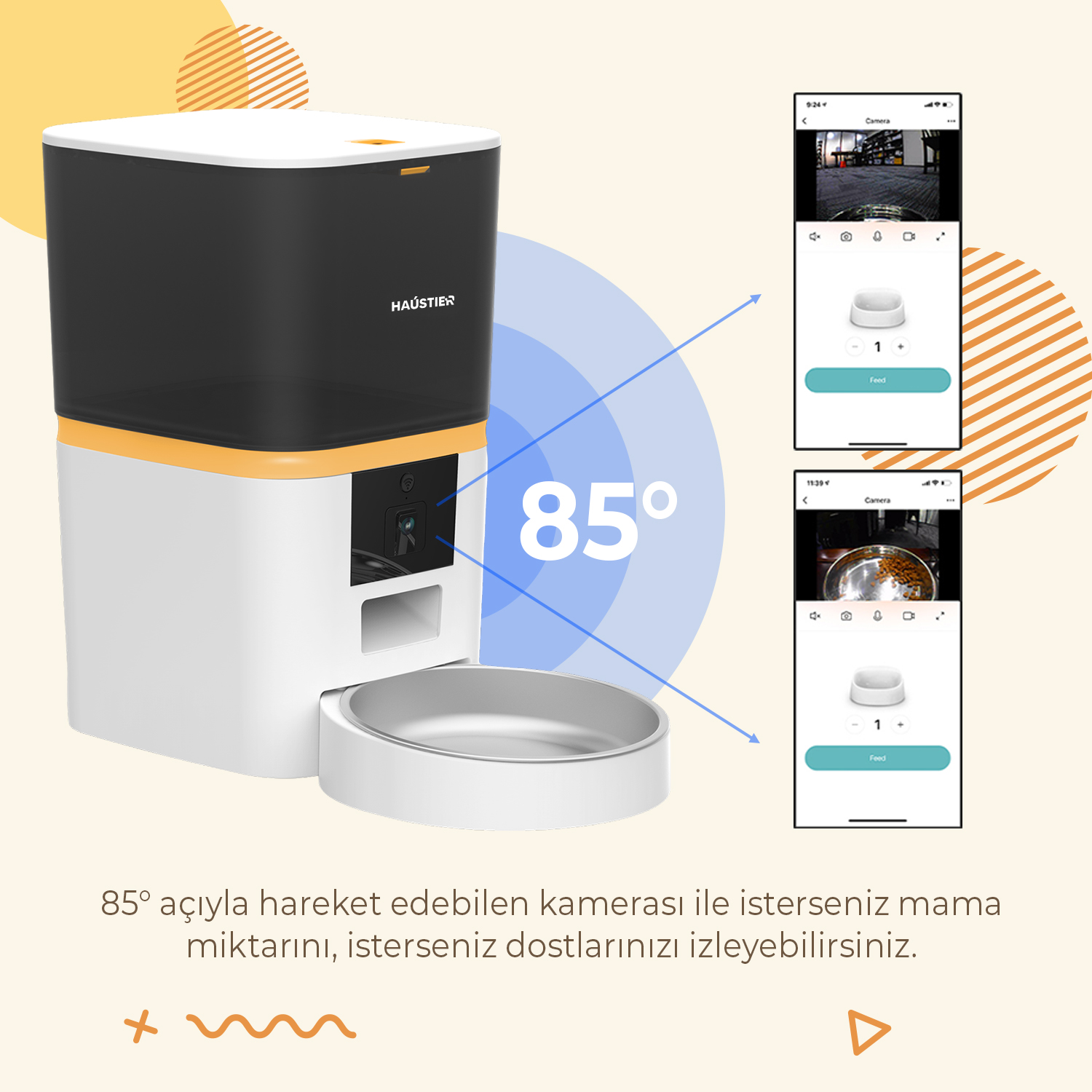 Kamerası olan beyaz ve siyah bir evcil hayvan mama kabı. İki telefon ekranı kamera görünümünü ve besleme seçeneklerini gösteriyor.