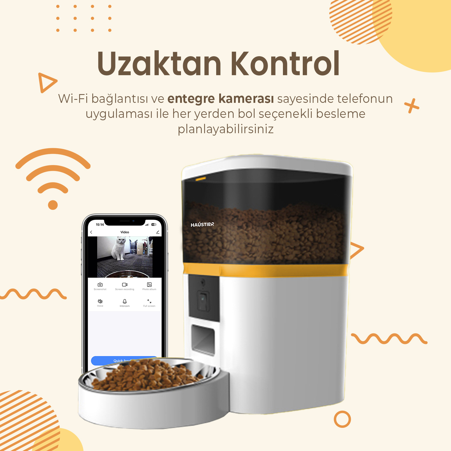 Bir kedi gösteren akıllı telefonlu otomatik evcil hayvan besleyici. Metin 'Uzaktan Kontrol' ve wifi logosu.